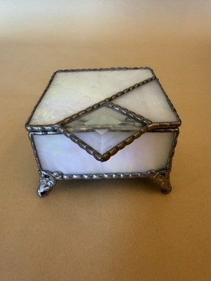 Vintage Iridescent Stained Glass Jewelry Box Beveled Crystal Footed Trinket Case