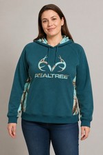 Realtree Hoodie Womens XXL Teal Camo Panel Antler Logo Pullover Sweatshirt