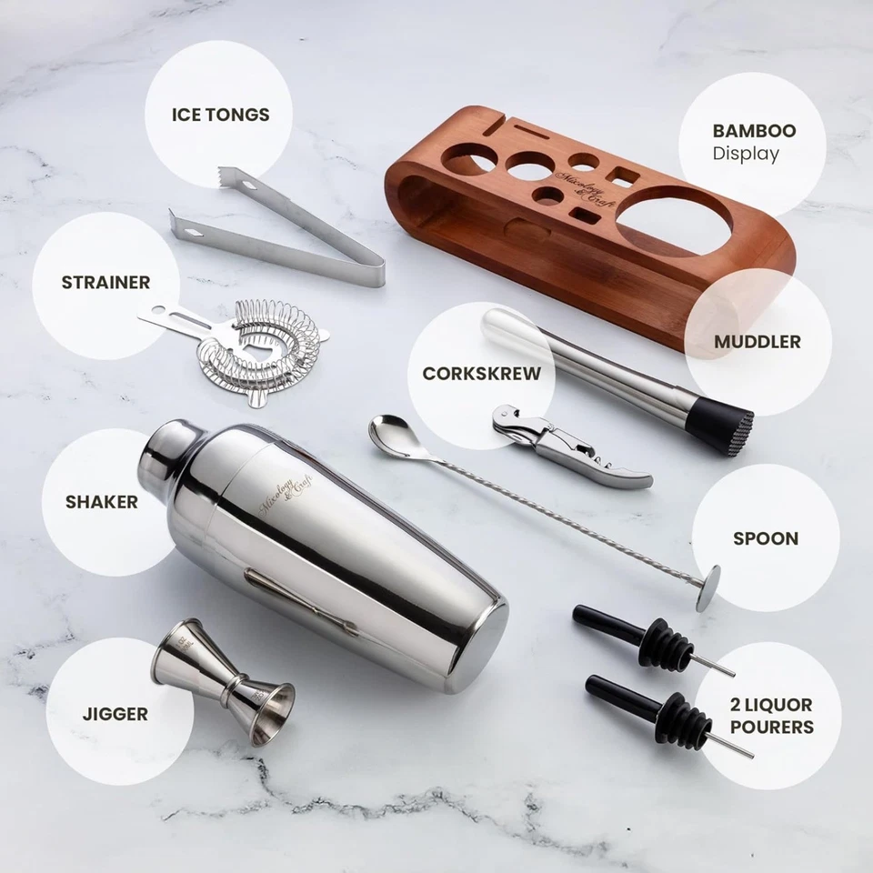 10 tlg Edelstahl Cocktail Shaker Set 680ml Shaker Barkeeper mit Mahagoni Ständer - Bild 2 von 4
