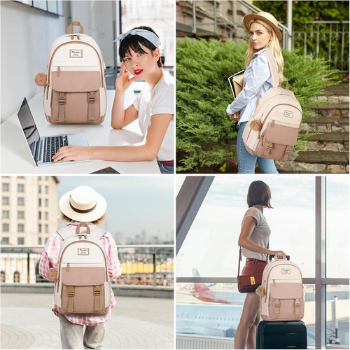 School Backpack Teen Girls – 15.6" Laptop Bookbag, Cute & Aesthetic, Khaki Beige - Picture 7 of 11