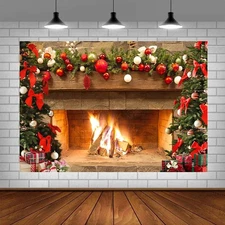 Lofaris Christmas Fireplace Backdrop Winter Xmas Tree Colorful 5x3ft, Gold 