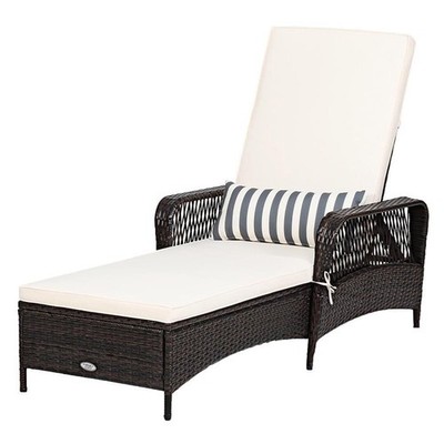 Pemberly Row PE Rattan Chaise Lounge Armrest Recliner in Off White Brown