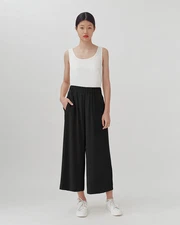 EUC Cuyana Pants Womens L Black 100% Silk Washable Wide Leg Cropped Pull On 