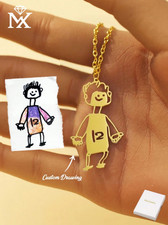 Custom Kids Drawing Necklace Personalized Artwork Pendant Stainless Steel Family