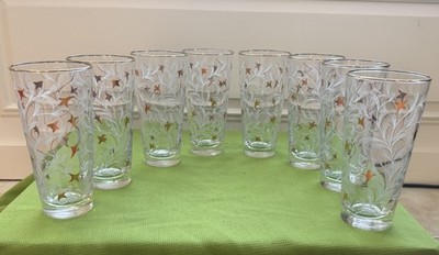 Vintage Libbey Atomic Highball Glasses Set 8 Gold Rim White Floral Barware MCM