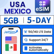 USA Mexico eSIM -5GB High-Speed, 5 Day JetSim/Travel SIM