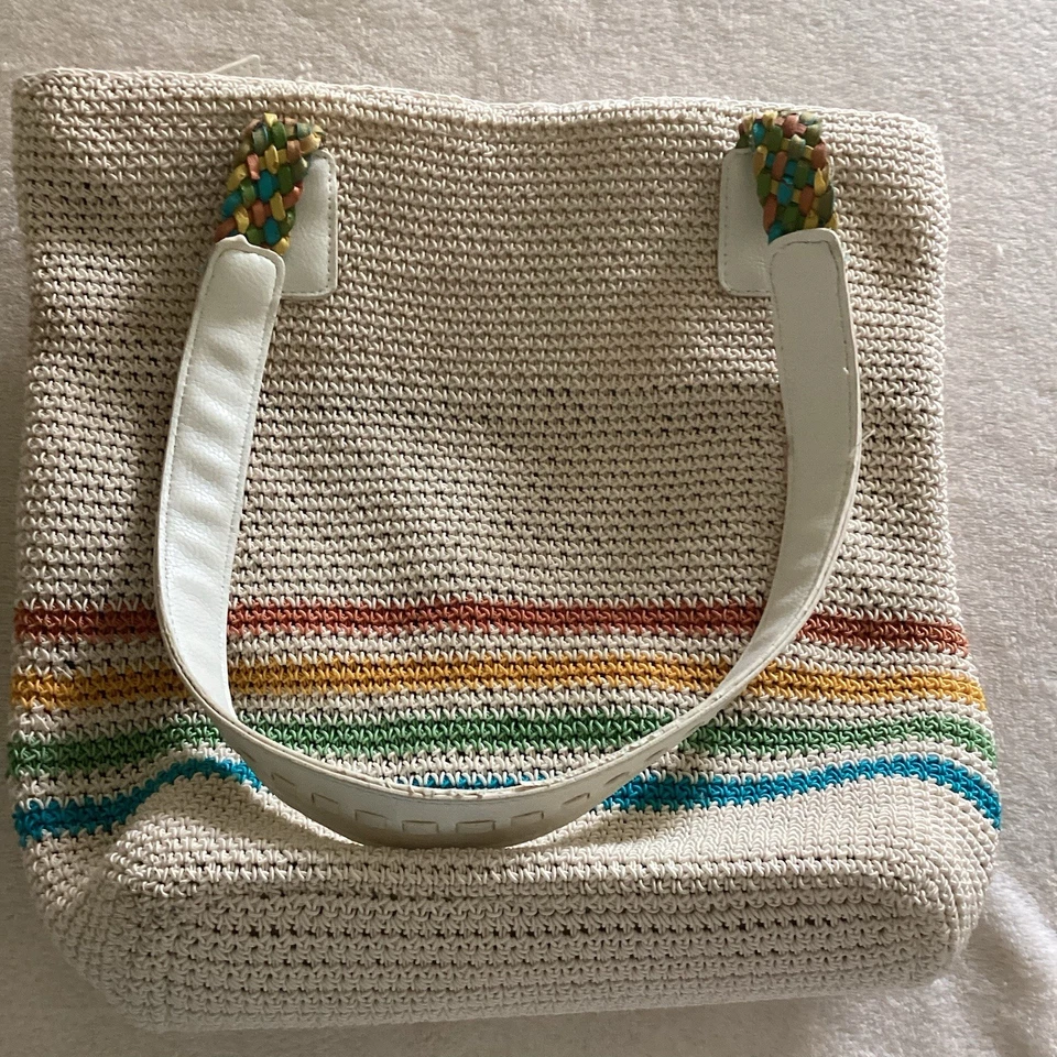 Jaclyn Smith Beige Bag w/orange,gold,green,blue stripes Zip Top 3 Inside Pockets - Image 2 of 4