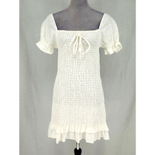 Faithfull The Brand Dress Womens 6 Ivory Linen Smocking Stretch Mini Ruffle Hem