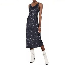 Mint Velvet Navy Silky Satin Twee Polka Dot Midi Slip Dress Women's UK18 RP£130