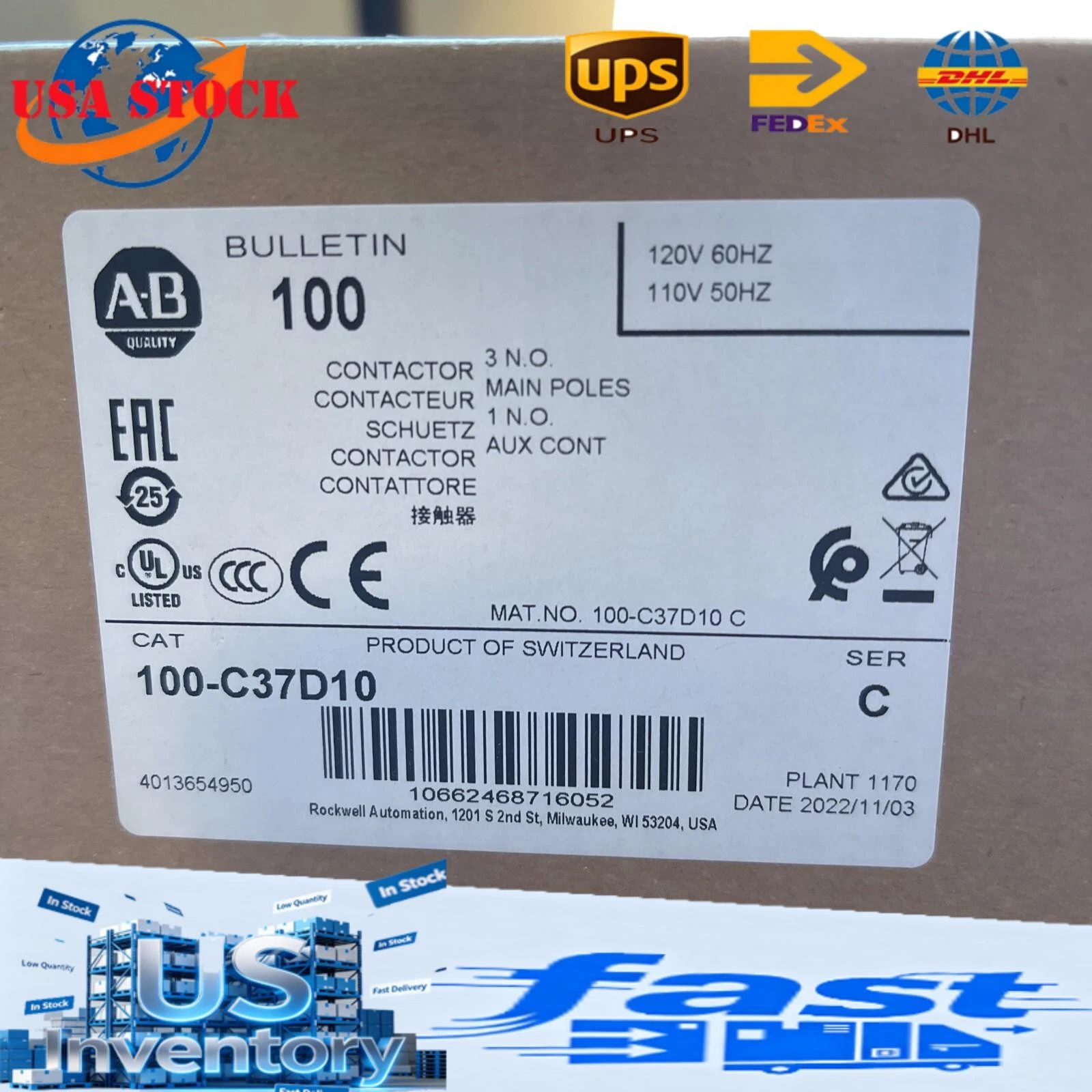 1PC Allen Bradley 100-C37D10. CONTACTOR. 110-120VAC NEW 646826320320