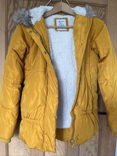Tu Girls Mustard Yellow Winter Coat Faux Fur Lined And Hood Trim Age 11