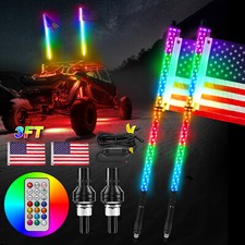2PCS 3FT RGB Spiral LED Whip Lights for ATV UTV RZR Chase Effect w/Flag  Remote