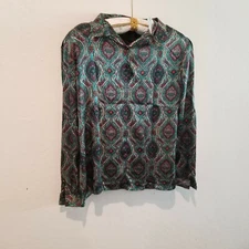 Tess Womens Sz 10 Long Sleeve Popover Button Blouse Top Shoulder Pads Geo Green