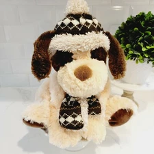 Hugfun International Super Soft Brown & Beige Plush Dog With Winter Hat & Scarf