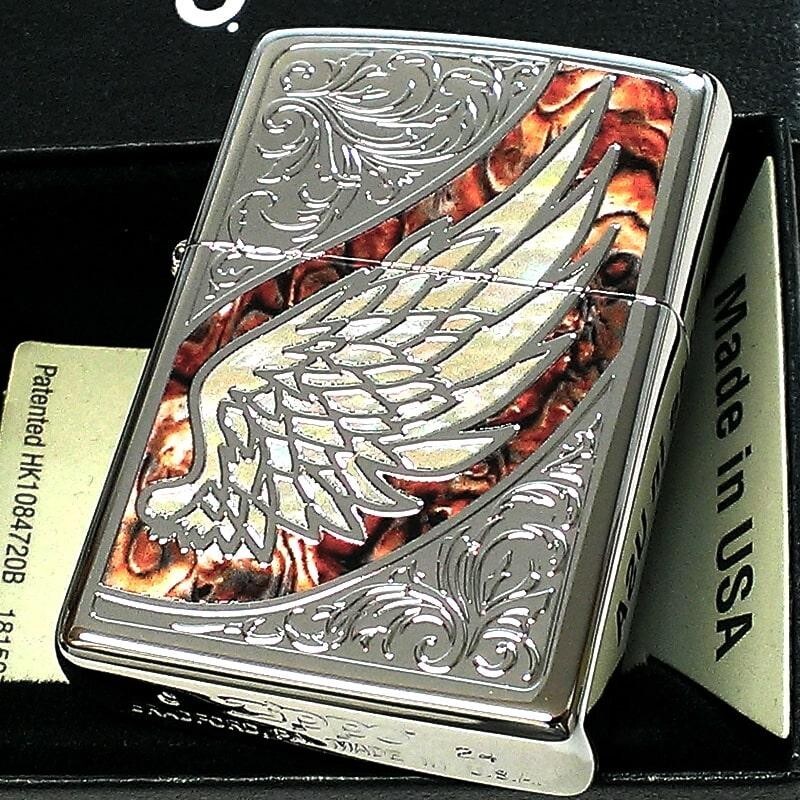 Zippo Angel Wing Arabesque Silver Brown Etching Single Sided Zippo Angel Wing Arabesque Silver Brown Etching Single Sided