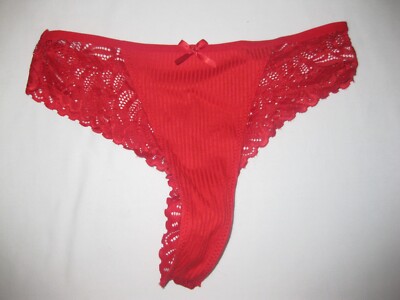 Romwe ribbed w/sheer lace sides & back thong panties w/bow S red 80s aesthetic