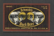 SCHMIDT'S BOCK BEER 12 OZ LABEL PHILADELPHIA & CLEVELAND { UNUSED } 2" x 3 1/2"