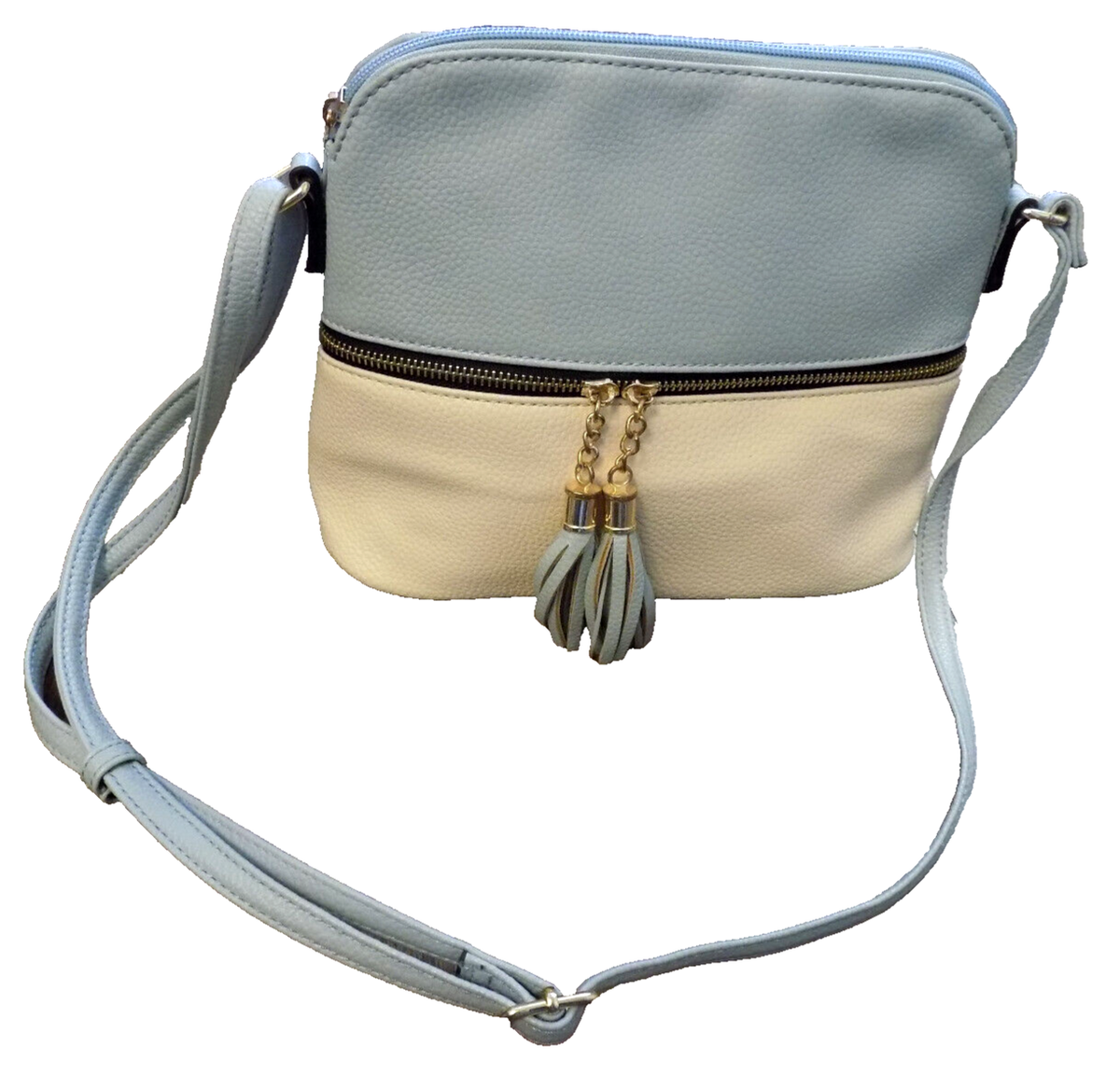 Light Blue Ivory Pebbled Crossbody Bag Front Phone Pocket Top Zip Tassel  accent