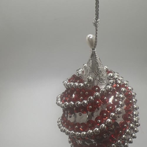 Vintage Push Pin Ornament Ball Sequin Beaded Red Christmas 8” Ornament - Picture 6 of 8