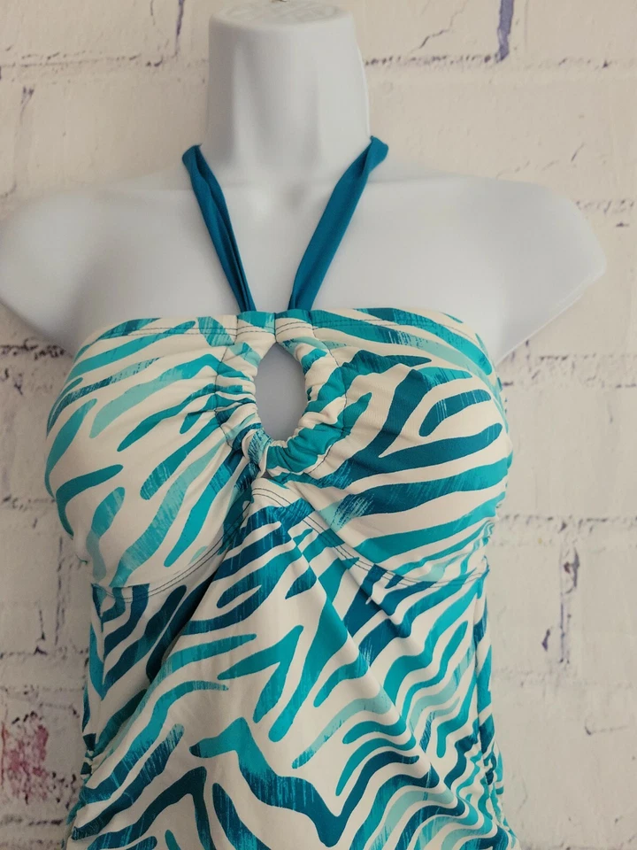 Maiô Dana Buchman regata somente estampa de animal azul tamanho 8 buraco na fechadura Halter - Imagem 2 de 4