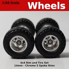 14mm 4x4 Truck Tire Sets - Chrome Blackwall 5 spoke for Hot Wheels