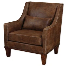 Luxe Fabric Leather Dark Brown Arm Chair NAIL HEAD Trim Lodge Ranch Masculine