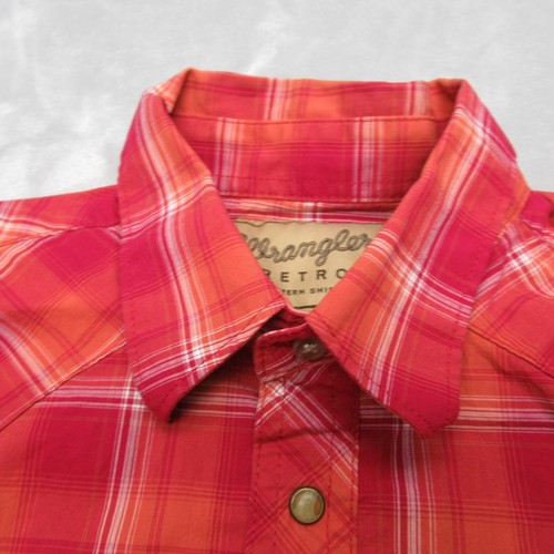Vintage Wrangler Pearl Snap Shirt Youth XL Orange Plaid Long Sleeve Button Rodeo - Picture 9 of 14