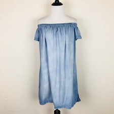 Cloth & Stone Off Shoulder Chambray Dress Sz Small Short Sleeve Blue Tencel Soft