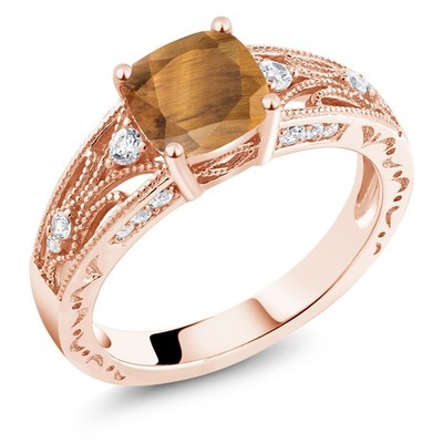 1.16 Ct Cushion Brown Tiger Eye 18K Rose Gold Plated Silver Ring