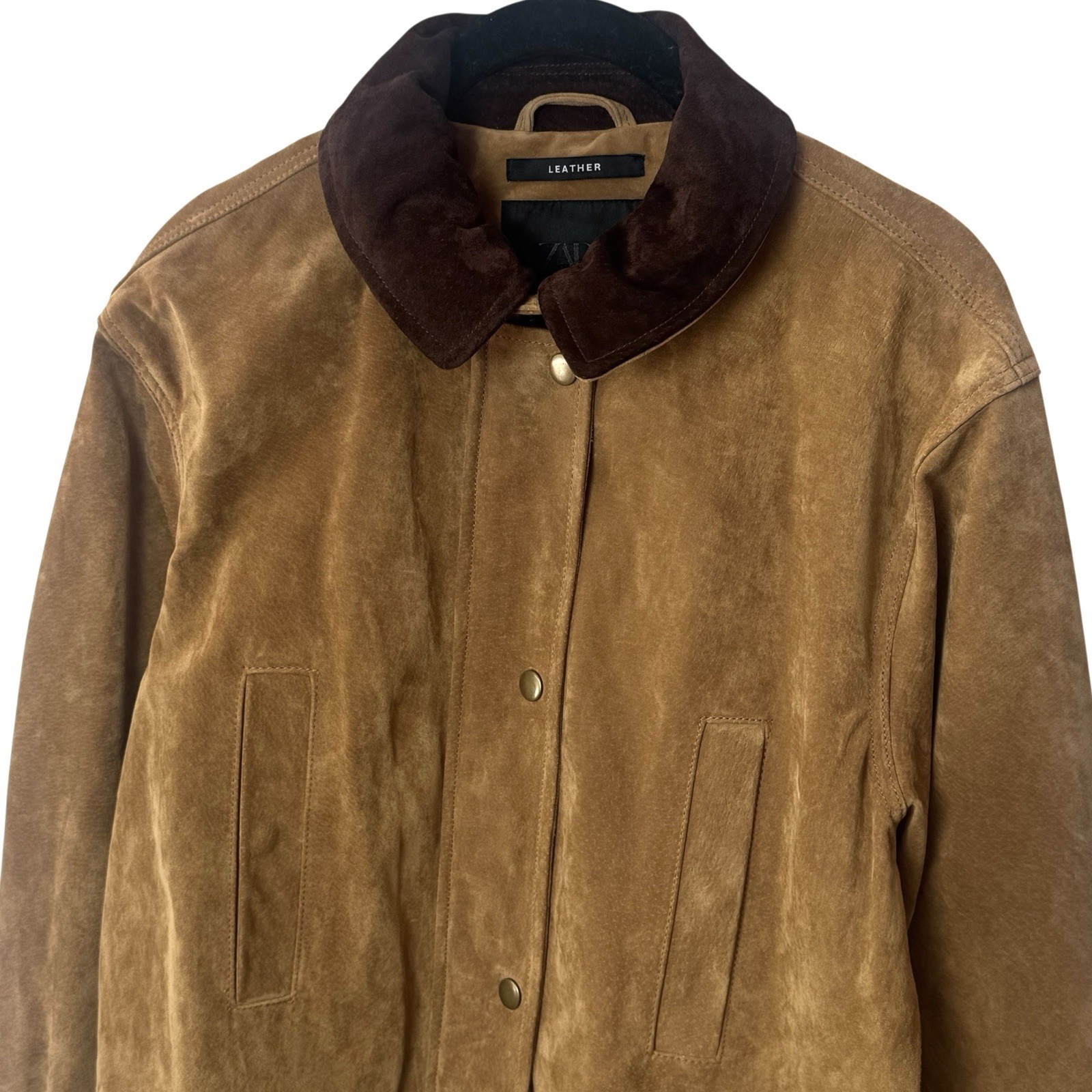 Zara Suede Leather Barn Coat Jacket Brown Camel Luxury Old Money Ranch S image 3