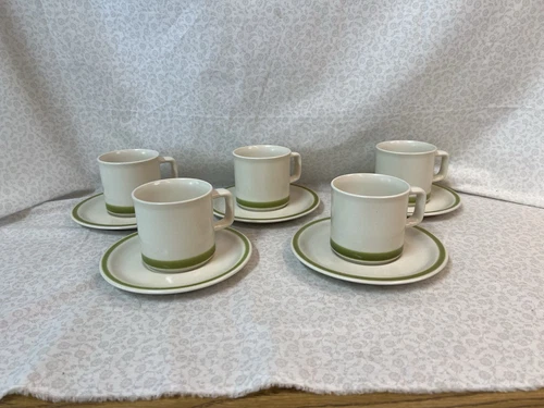JAPAN VINTAGE STONEWARE GREEN BOTTOM BAND / STRIPE Setting Of 4