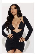 Fashion Nova Deep V Plunge Rushed Sexy Two Piece Mini Black Dress Large