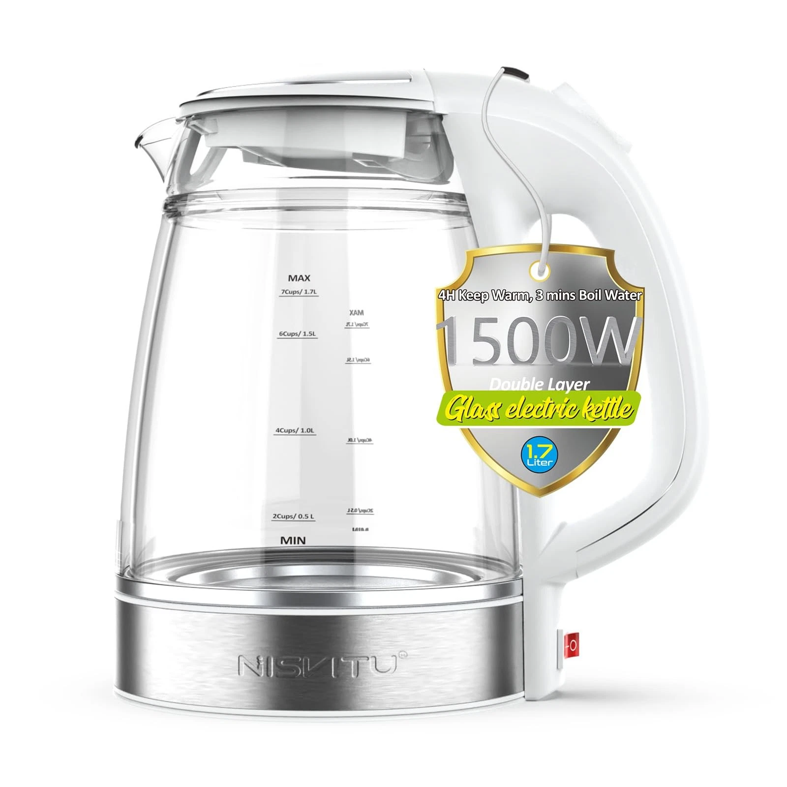 1.7L Dual Wall Cool Touch Electric Kettle, BPA-Free Borosilicate Glass Inner,...
