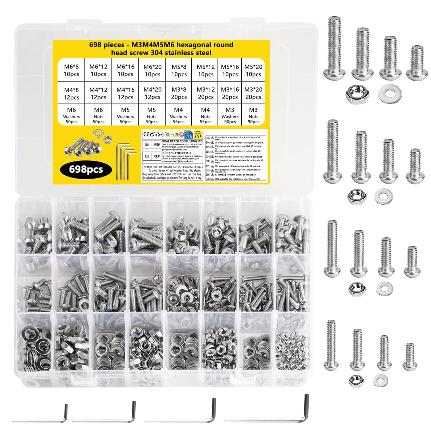 698 Pcs M3 M4 M5 M6 Bolts and Nuts Set, Mixed Assorted Nuts and Bolts Set, Stain