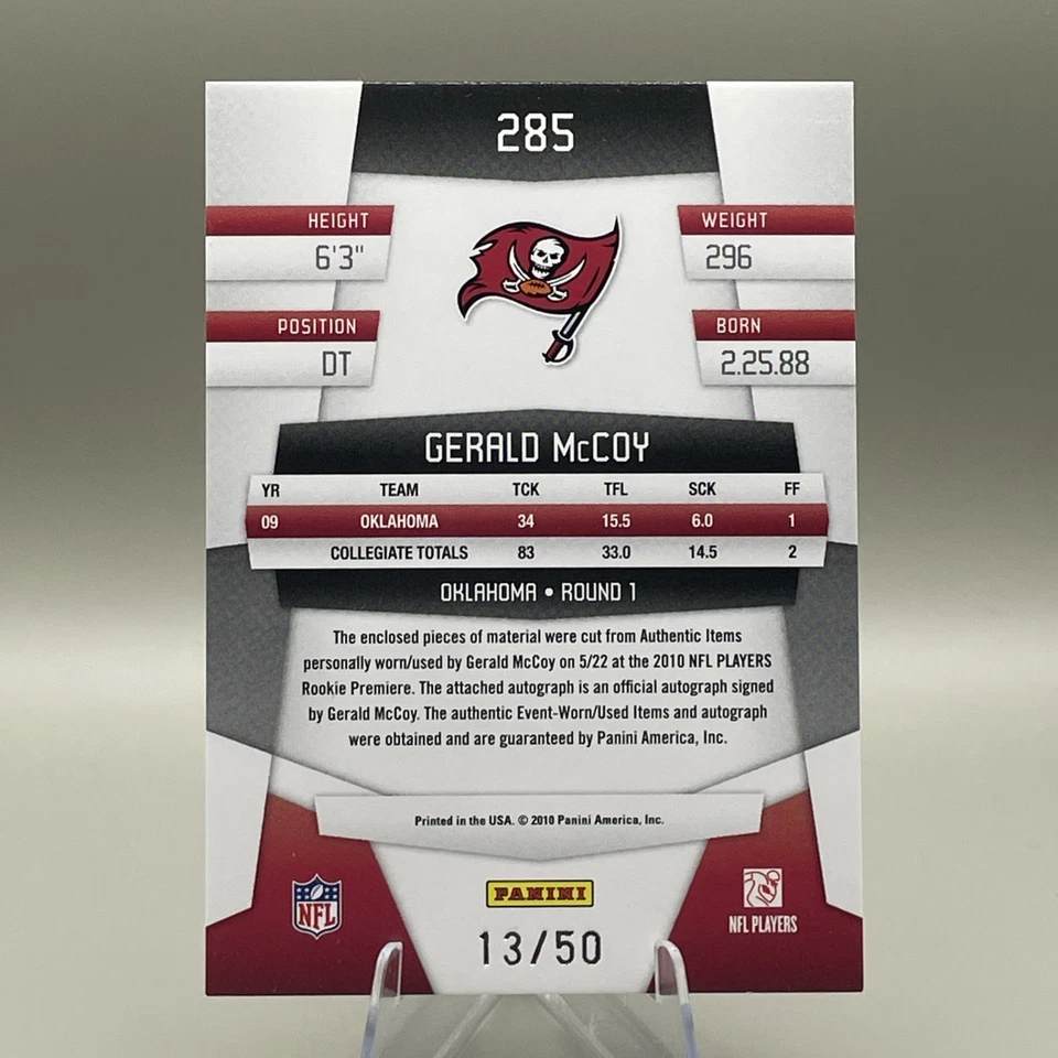 Espejo azul #285 Gerald McCoy RC 13/50 2010 certificado Panini ~ Tampa Bay Foto 3 de 4