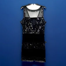 Unique Vintage Black Great Gatsby Sequin Beaded Double Fringe Flapper Dress 1X