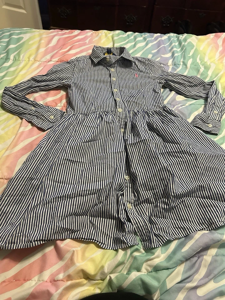 Polo Ralph Lauren Girls Size 10 Blue Striped Button-Down Shirt Dress Box 8 - Image 3 of 4