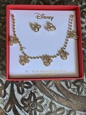Disney Mickey Crystal Gold Tone Earrings  16  Adjustable Necklace Boxed Set,New
