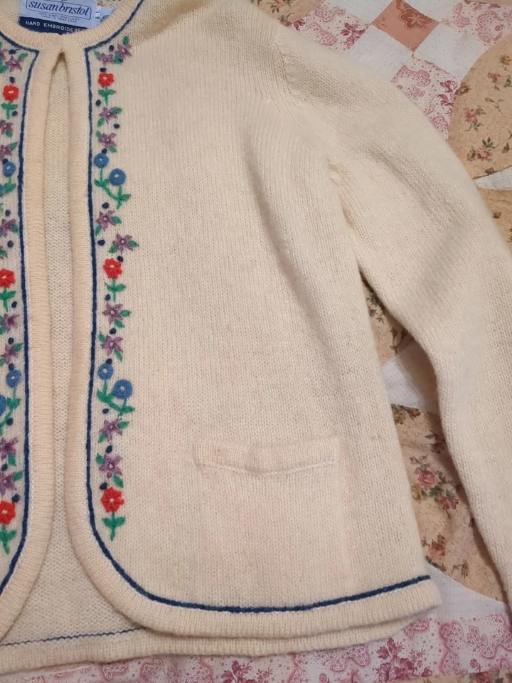 Cárdigan vintage Susan Bristol talla grande bordado a mano 100 % lana Foto 4 de 4