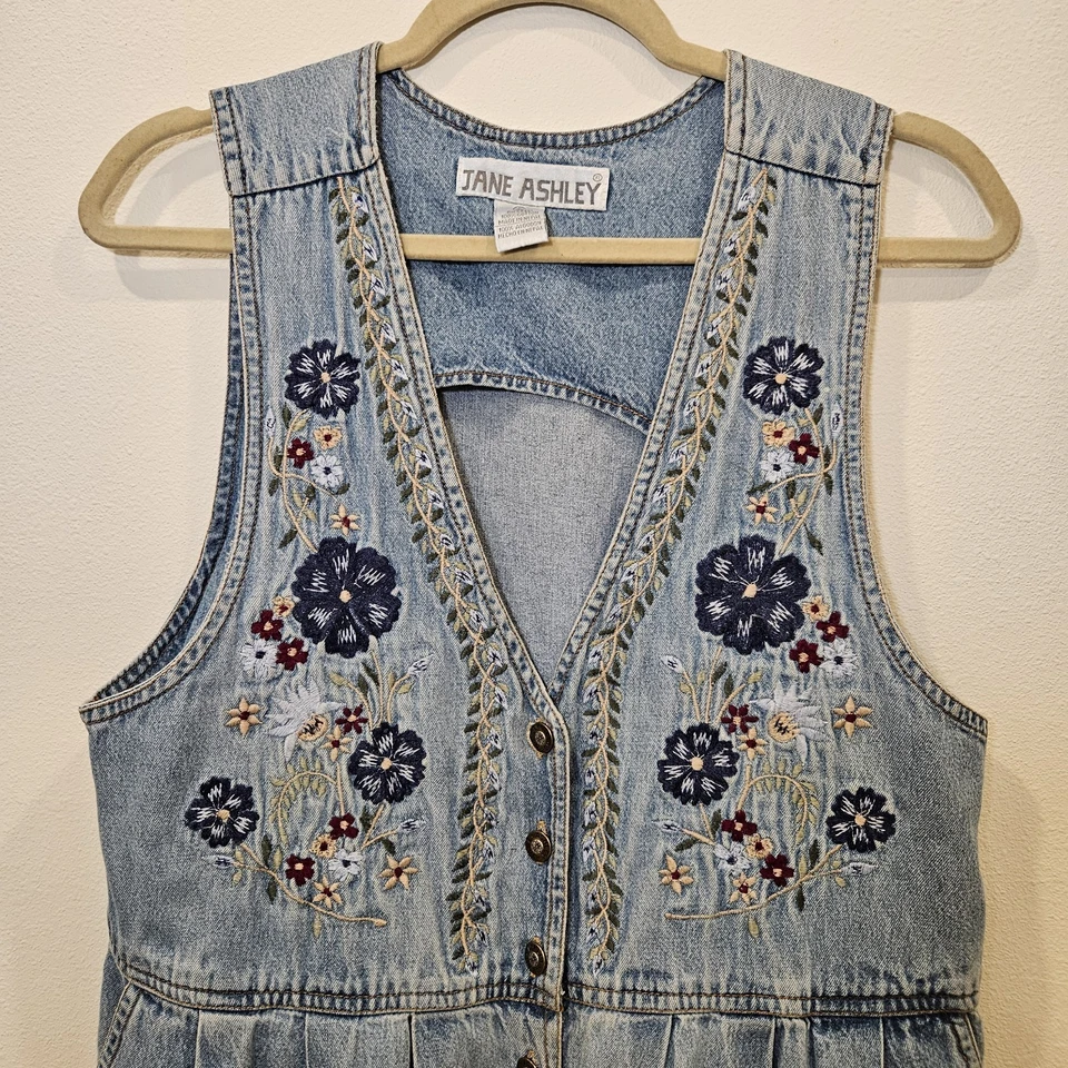 Vestido Jane Ashley Vintage Años 90 Mujer Pequeño Floral Bordado Botón Denim Pradera Foto 3 de 4