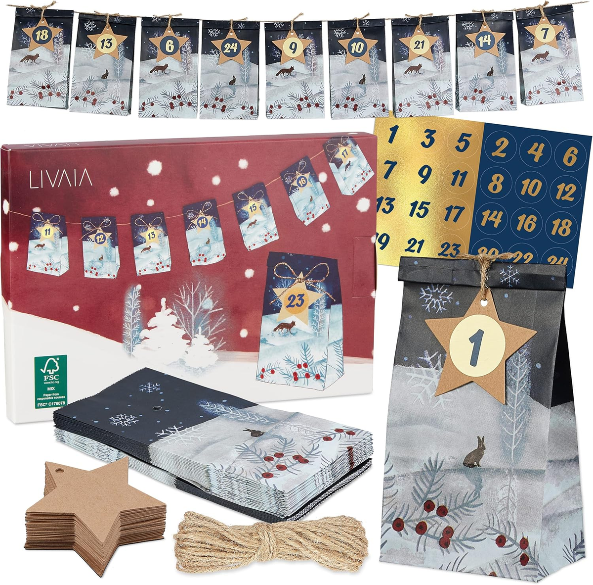Set di 24 sacchetti di stoffa beige e blu con numeri adesivi, mollette di legno e cordoncini per Natale
