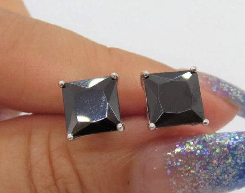 Men's Princess 6 x 6 Black Cubic Zirconia Stud Earring White Gold Plated Silver