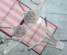 Victoria's Secret Sheer Shine Strap Low-Cut Demi Bra Thong Set White