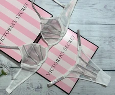 Victoria's Secret Sheer Shine Strap Low-Cut Demi Bra Thong Set White