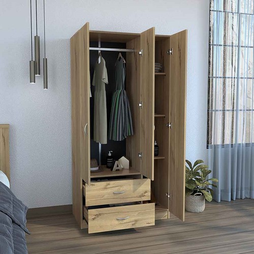 3 Doors Wood Wardrobe Armoire Closet Storage Cabinet Organizer 2 Drawers - Picture 2 of 21