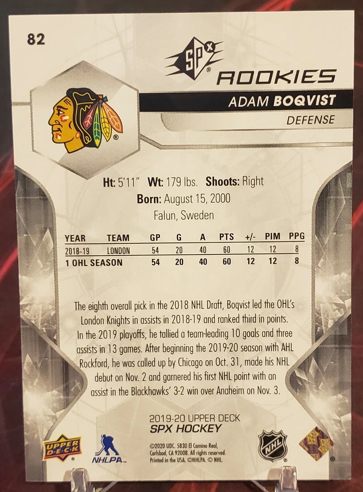2019-20 UPPER DECK SPx ROOKIES ADAM BOQVIST 096/199!! - Image 2 of 2
