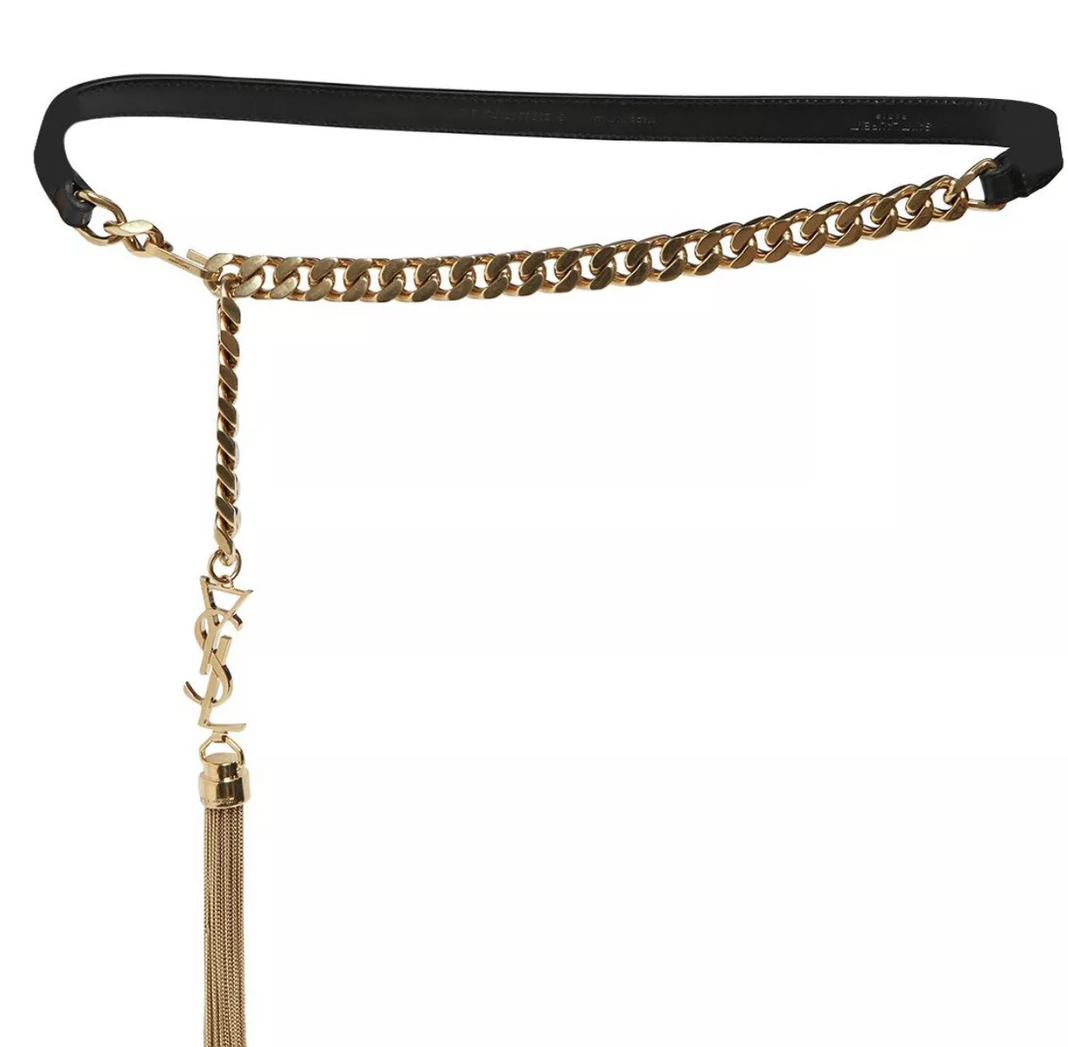 Saint Laurent, Accessories, Saint Laurent Monogram Ysl Logo Gold Tassel  Black Leather Chain Belt