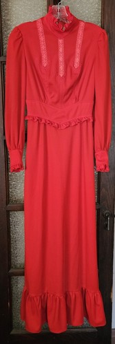 Vtg 70s Mikey of CA Red Victorian Style Maxi Dress Lace Embroidery Ruffles Pearl - Picture 5 of 16