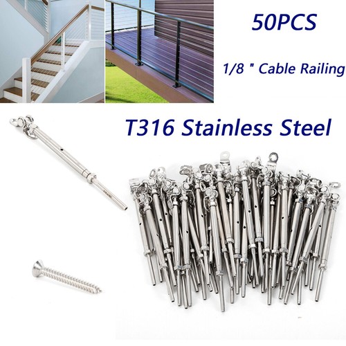 50 Pack T316 Stainless Steel Tensioner Set for 1/8" Cable Railing w/ Deck Toggle