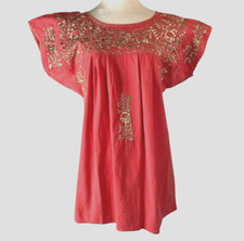 Womens sz M Pink Salmon Tunic Top w Gold Embroidery S/S Mexican Oaxacan Blouse